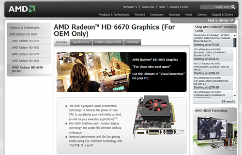 画像ギャラリー No.002のサムネイル画像 / AMD,OEM向けGPU「Radeon HD 6670・6570・6450」の製品ページを公開。「Turks」「Caicos」のスペックが明らかに