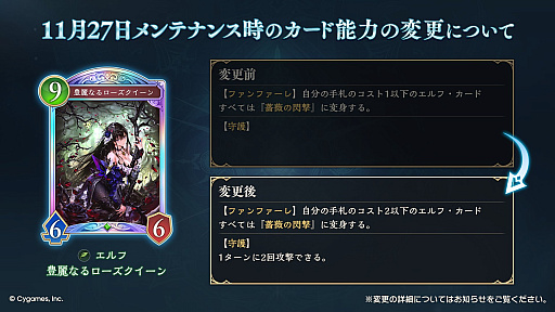 画像ギャラリー No.001のサムネイル画像 / 「シャドバWB」,11月27日に「豊麗なるローズクイーン」「虹色の弓使い・クピタン」「風の理・イーウィヤ」のカード能力変更を実施