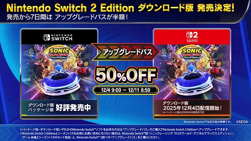 画像ギャラリー No.002のサムネイル画像 / Switch2版「ソニックレーシング クロスワールド」本日配信。Switch版からの有償アップグレードパスは期間限定で50%オフ
