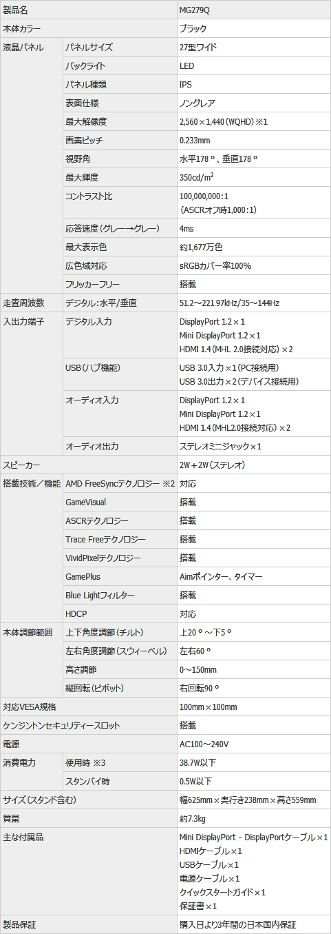 画像ギャラリー No.008のサムネイル画像 / 垂直144Hz+FreeSync対応のゲーマー向け27インチIPS液晶ディスプレイ「MG279Q」がASUSから発売