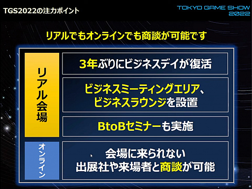 画像ギャラリー No.008のサムネイル画像 / 「東京ゲームショウ2022」開催発表会レポート。幕張メッセにて2022年9月15日〜18日開催。16日のビジネスデイは14：00から一般入場可
